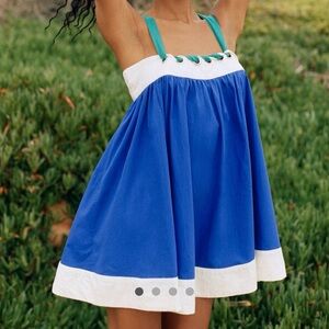 By Anthropologie NWT Sleeveless Whipstitch Mini Dress: Blue/Cream/Green, Size XL